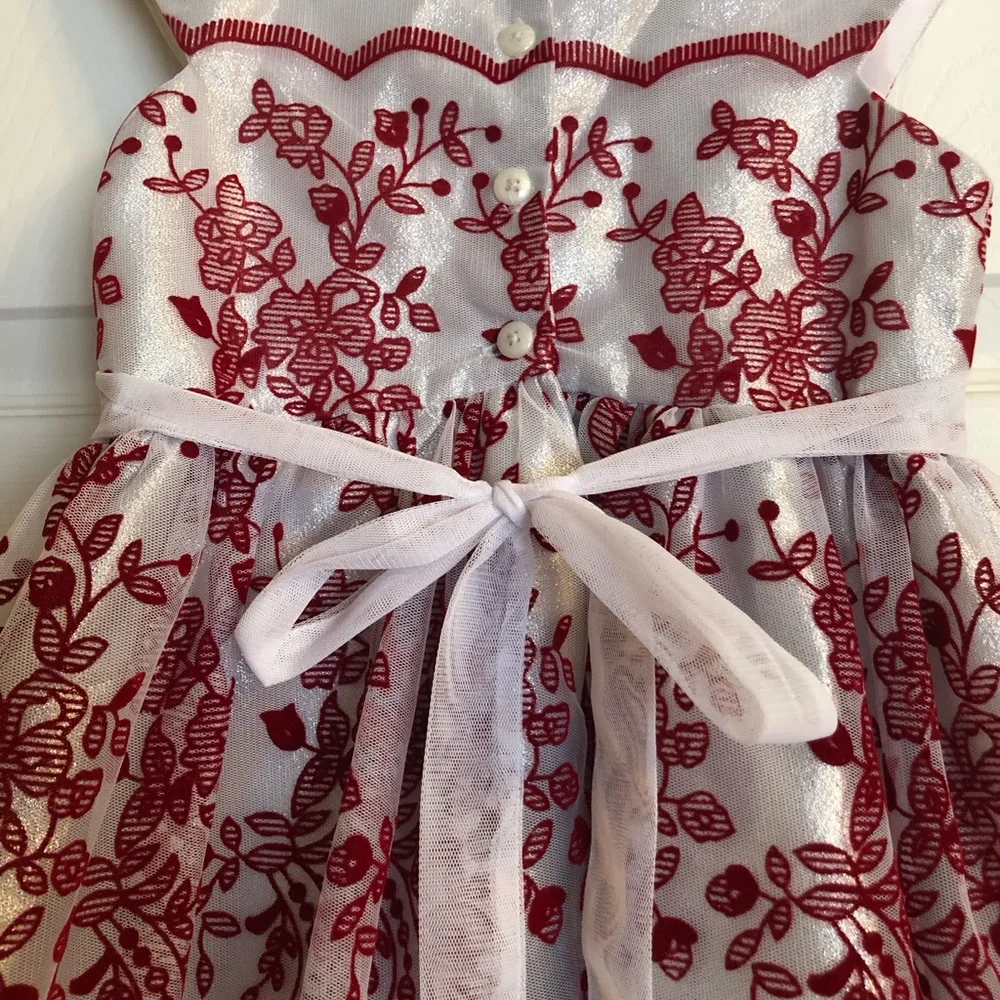 Elegant Red and White Floral Girls Christmas Dress - Picture 4 of 4
